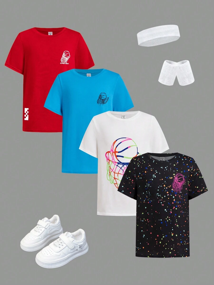 SHEIN Conjunto de 4 peças para meninos, camisetas soltas, casuais, com estampa gráfica, gola redonda, manga curta