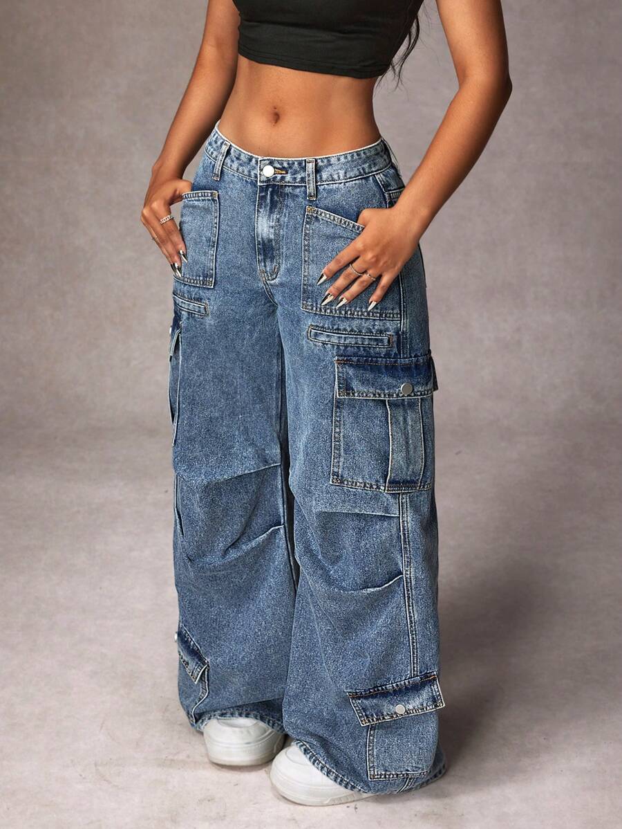 SHEIN Tall Jeans amples et décontractés avec poches cargo et plis, pour femmes