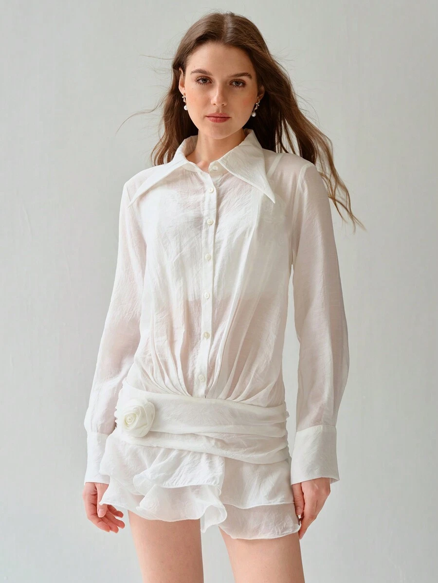 Enchnt Robe longue à manches longues avec boutons devant, application florale et volants, couleur unie pour femme