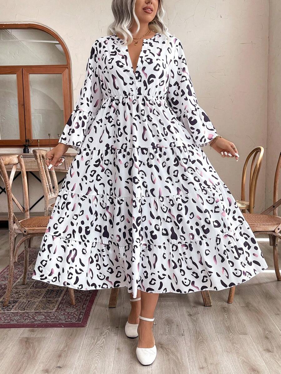 Celure Plus Size V-Neck Patchwork Floral Print Minimalist Casual Dress