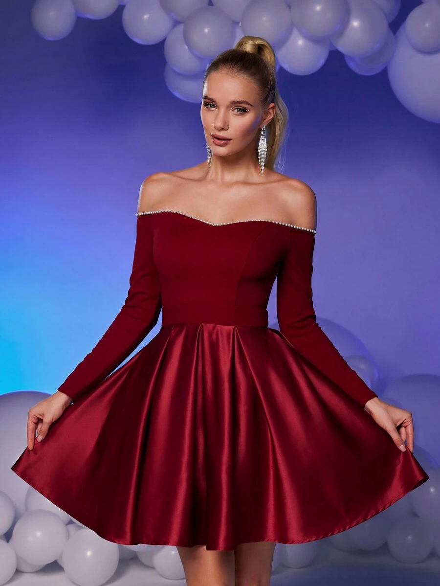 SHEIN Belle Burgundy Red Elegant Luxurious Burgundy Red Off-Shoulder Gown With Embellished Pearl Neckline, Knitted Bodice & Satin Flared Dress, Suitable For Weddings, Parties, Graduation, Prom