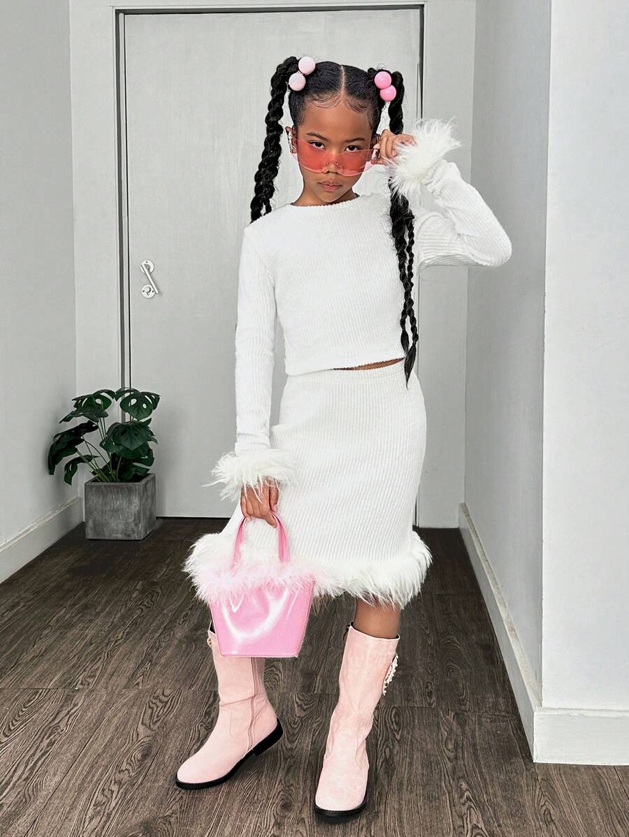 Tween Girl Casual Party Knit Warm Solid Fluffy Trim Crew Neck Long Sleeve Set
