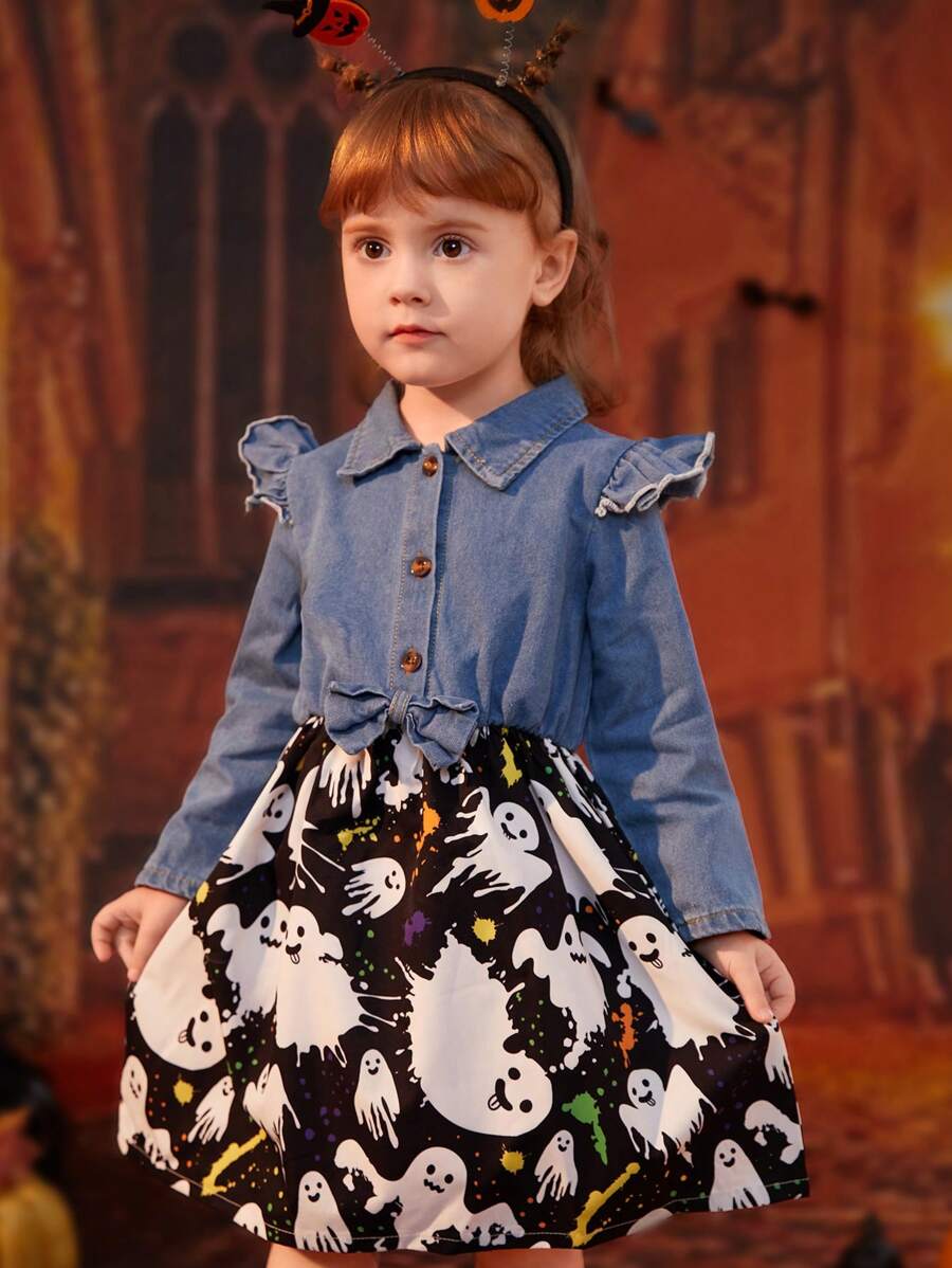 Vestido casual colegial estilo azul jeans patchwork desenho animado e estampa gráfica de Halloween, outono/inverno