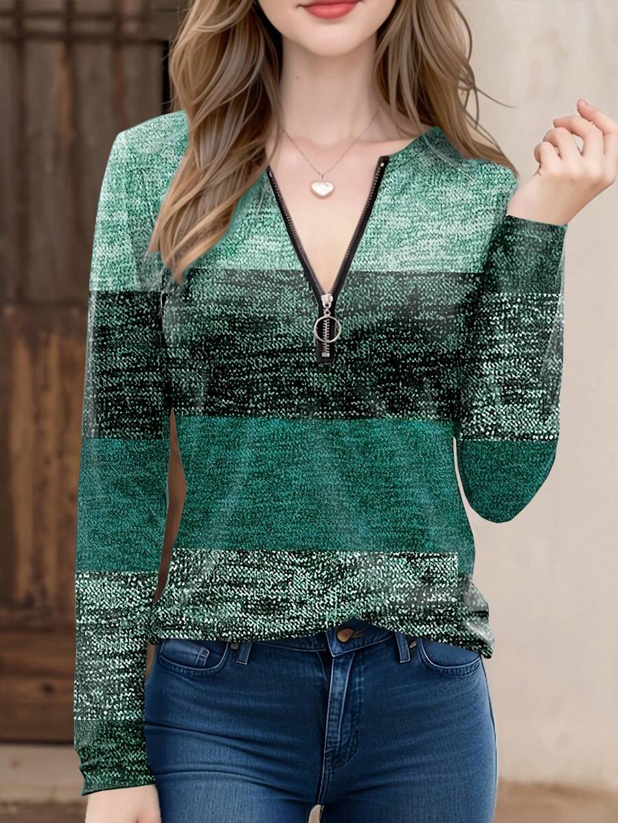 INAWLY Women Contrast Color Zip-Up Half-Placket Long Sleeve Casual T-Shirt, Spring/Summer Graphic Tees Women Tops For Spring Outfit