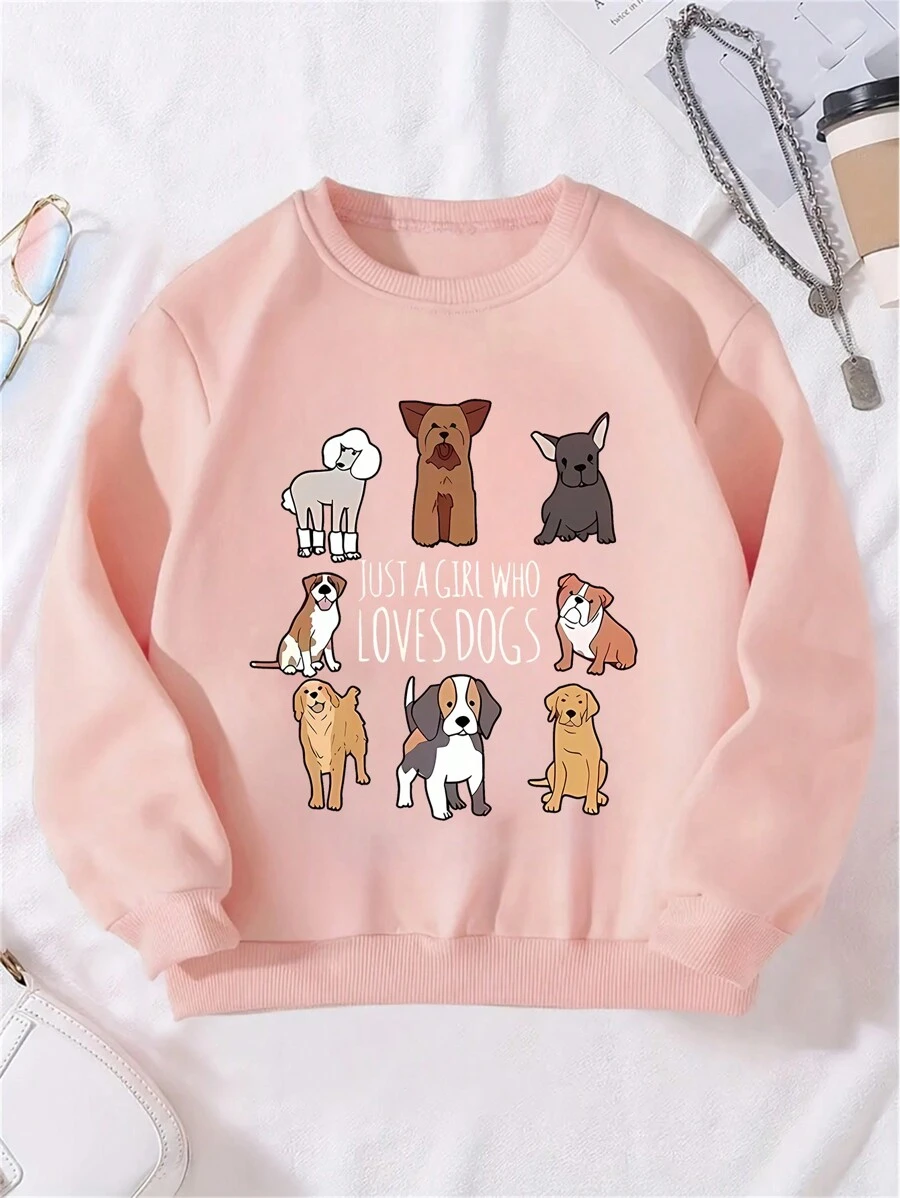 Young Girl Casual Cute Cartoon Puppy & Letter Print Basic Crew Neck Sweatshirt