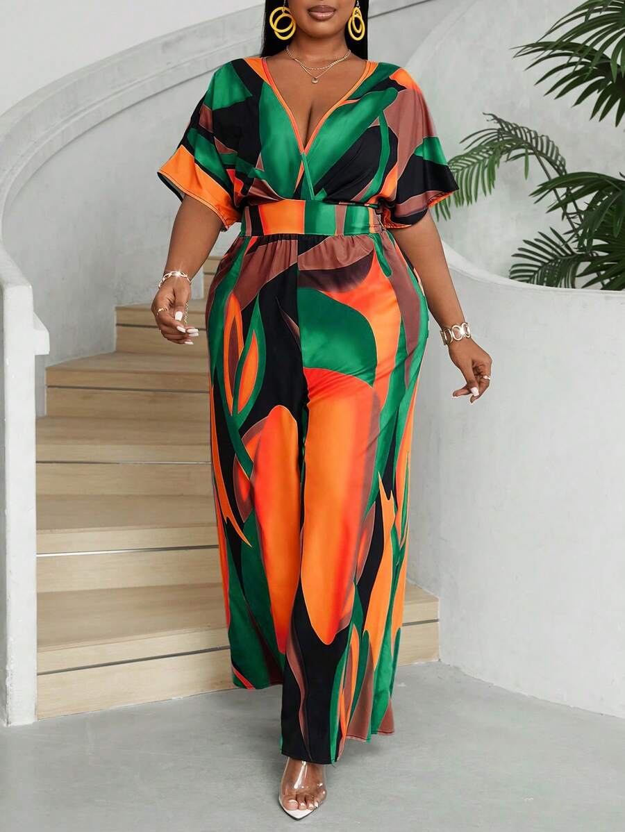 Maweii Plus Size Women's Summer Vacation Full Print V-Neck Batwing Sleeve Loose Wide Leg Jumpsuit