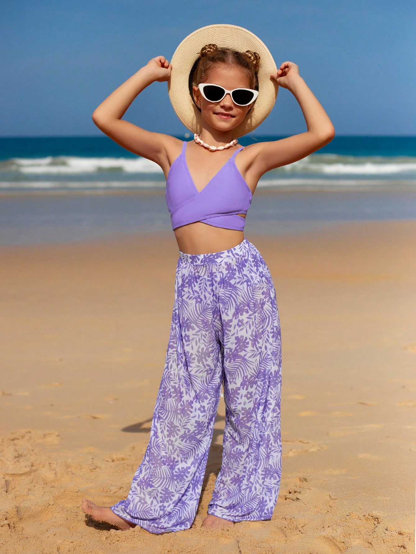 SHEIN Tween Girl 3pcs Bikini Set: Camisole Top, Wide Leg Pants And Allover Print Briefs Underwear Summer Beach, Bathing Suit