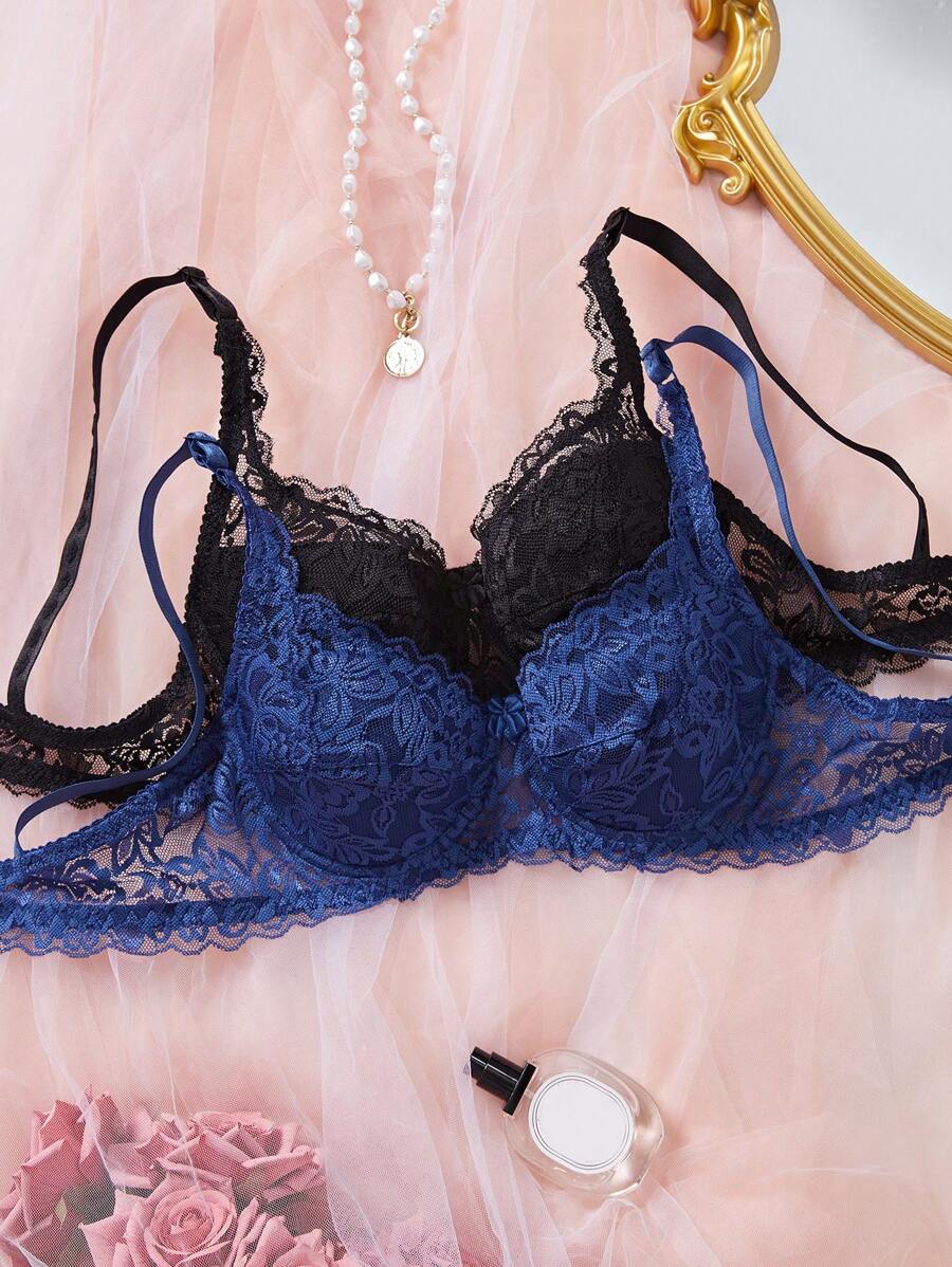 2er Set: Damen Spaghettiträger-BH mit offenem Rücken aus Spitze mit drahtlosem BH-Dessous