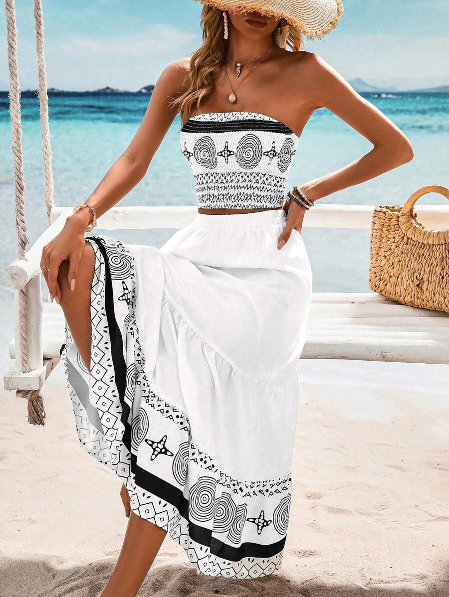 Breezaya 2pcs Women Vintage Style Bandeau Top And Skirt Set (Random Print)