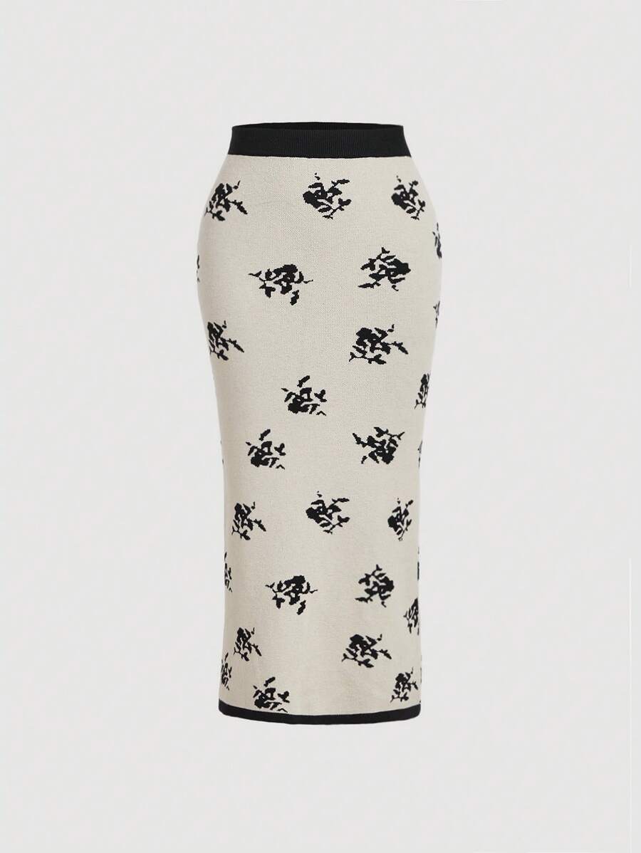 SHEIN MOD Apricot Color-Blocked Black Skirt Elegant Jacquard Knit Women's Skirt, Floral Pattern, Perfect For Early Autumn