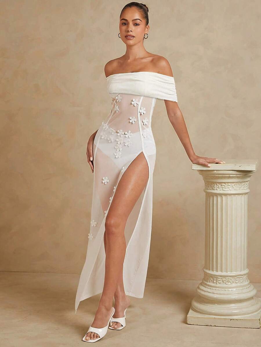 SHEIN Unity Off Shoulder 3D Flower Embellished Sheer Dress