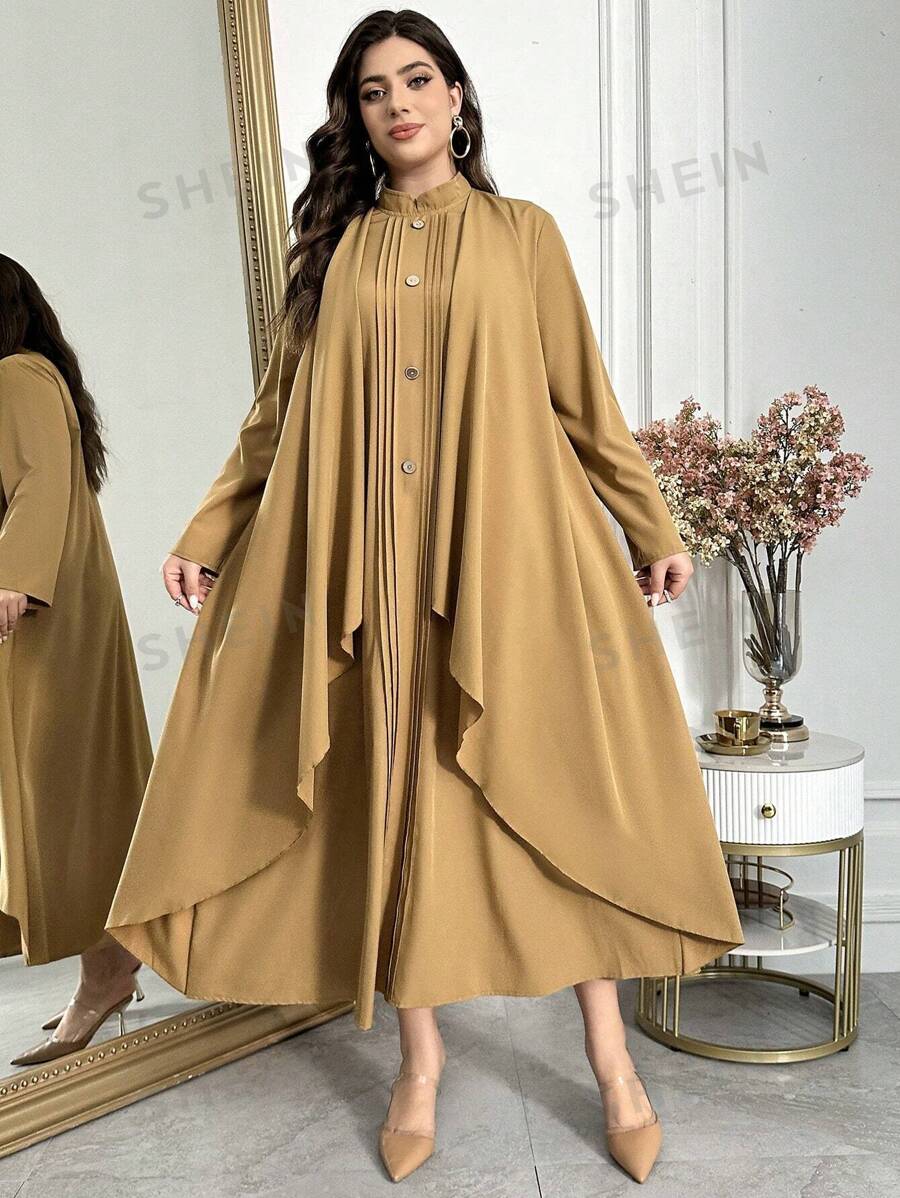 Al Najma Vestido largo y casual de manga larga con cuello alto y plisado, de unicolor, para mujer de talla grande. Elegante y modesto vestido largo maxi para uso casual diario, viajes, vacaciones, fiestas por la noche y como invitada de boda, apto para primavera y verano