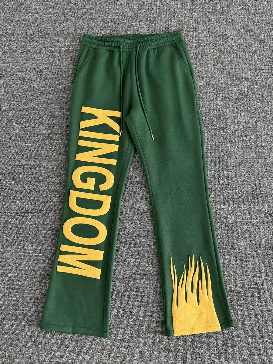Manfinity Streetrush Y2K High Street Flame Print Wide-Leg Sweatpants,Y2k Men's Contrast Color Print Casual Drawstring Sweatpants,Back To School,Fall Men Clothes