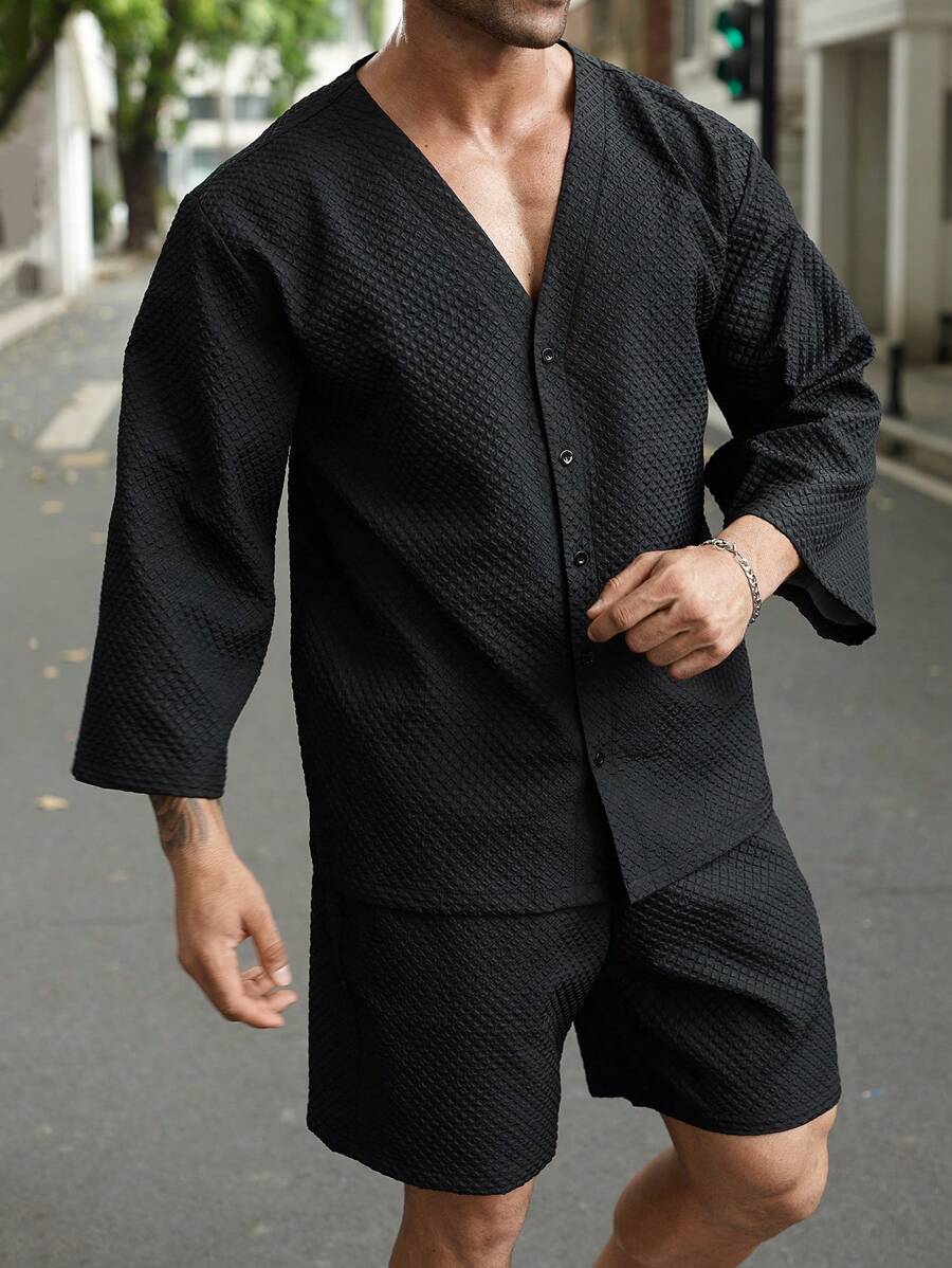 Manfinity Homme 2 Pezzi Set Comprendente Camicia Nera Manica Corta E Pantaloncini Neri Per Uomo Taglie Forti