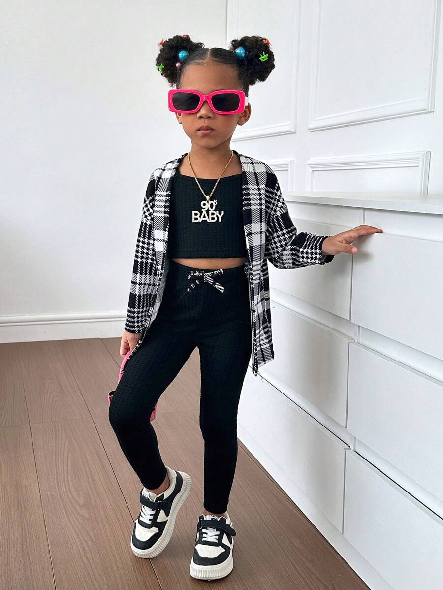 SHEIN Young Girl Plaid Print Open Front Top & Cami Top & Leggings