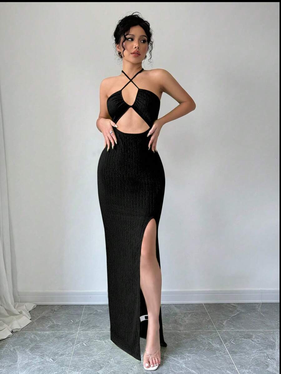 Chiquease Halter Neck Backless High Slit Maxi Fitted Black Dress, For Going Out