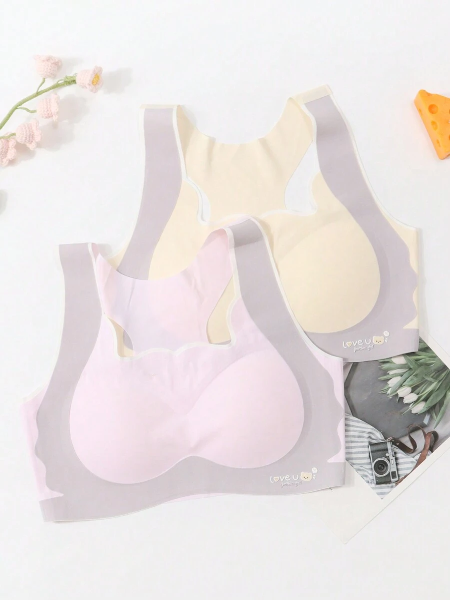 2pcs/Set Teen Girl Simple & Comfortable Seamless Wire-Free Camisole, Bra Set