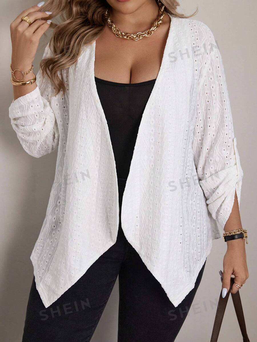 Calvaya Chaqueta informal con mangas vueltas y apertura delantera de unicolor para mujer talla grande, primavera y otoño