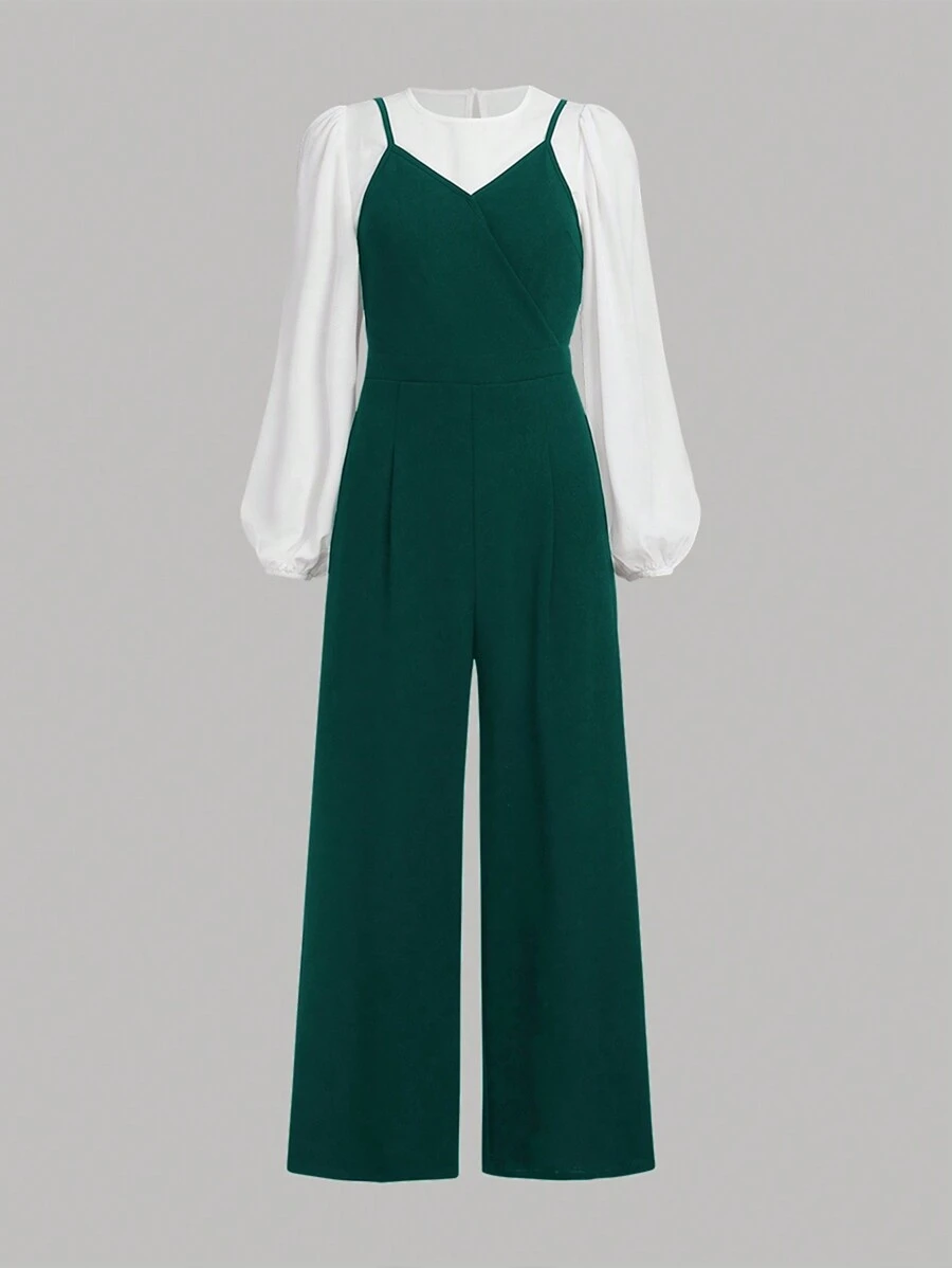 SHEIN 2pcs/Set Teen Girls' Lantern Sleeve Shirt With Knit Camisole And Casual Pants Outfit