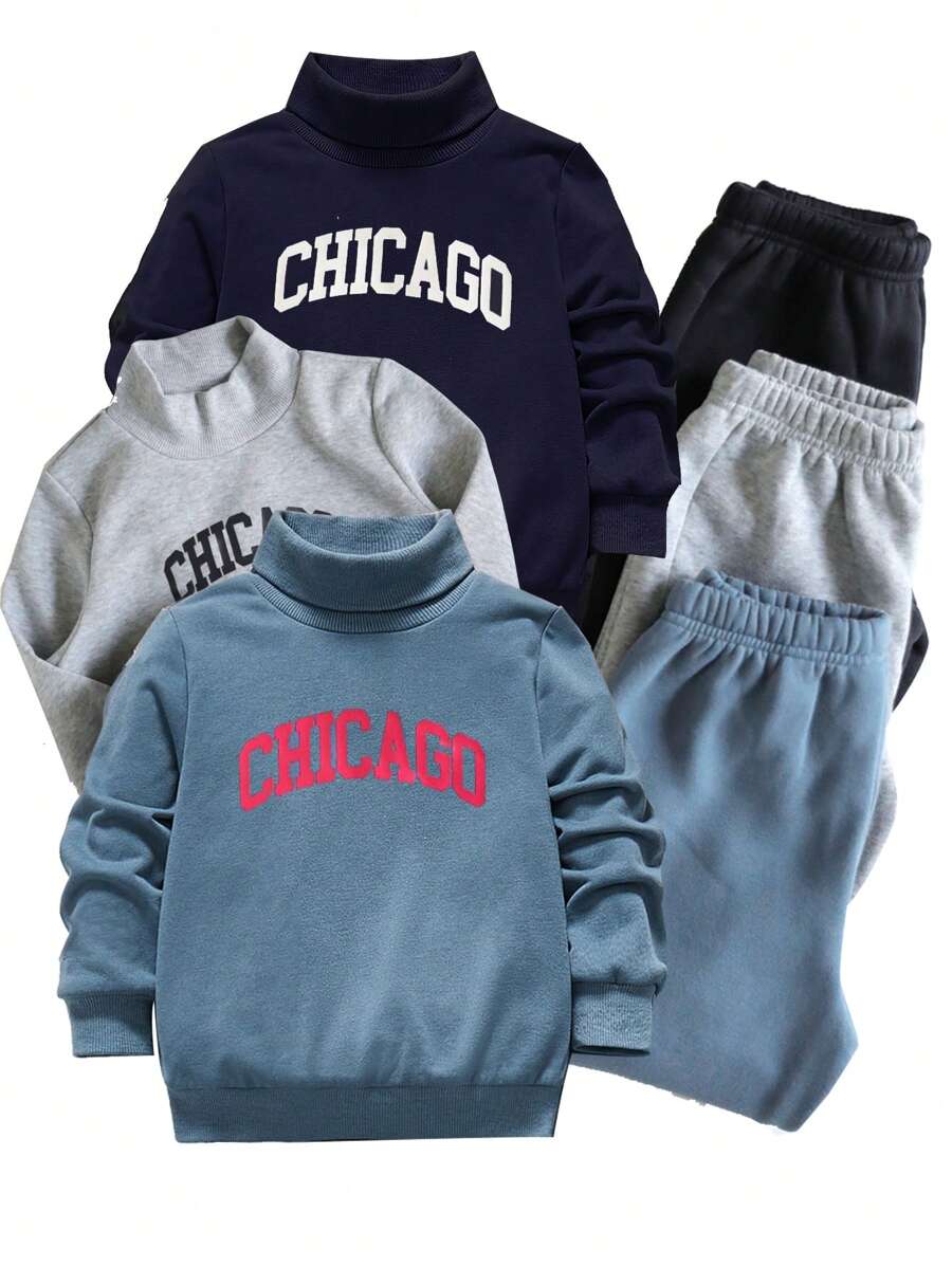 SHEIN 6pcs/Set Kids/Young Boys Casual Korean Style Letter Print Mock Neck Sweatshirt And Solid Drawstring Pants 2 Piece Knitted Outfit, Suitable For Layering With Jackets For Outing, Party, School, Play, Fleece, Thickened