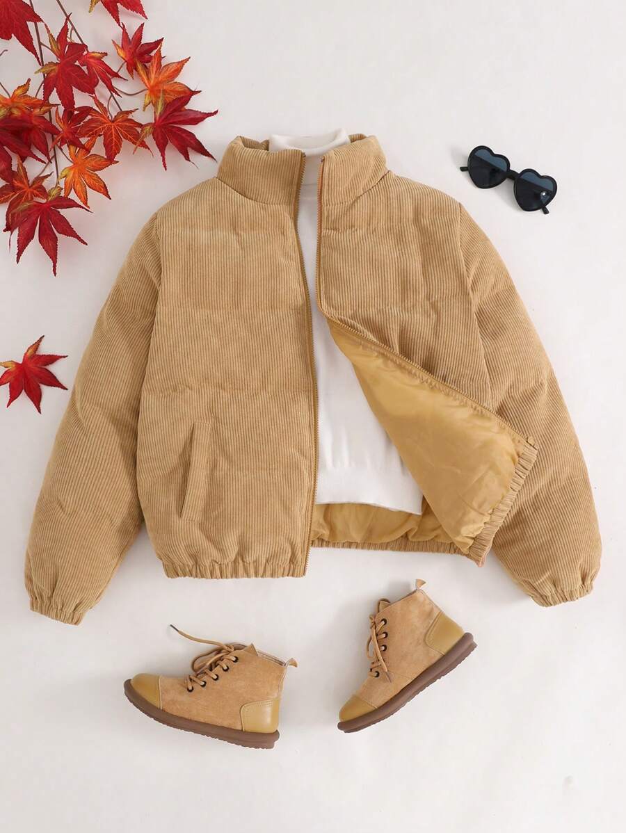 SHEIN Jaqueta solta casual espessada de veludo cotelê para meninas adolescentes