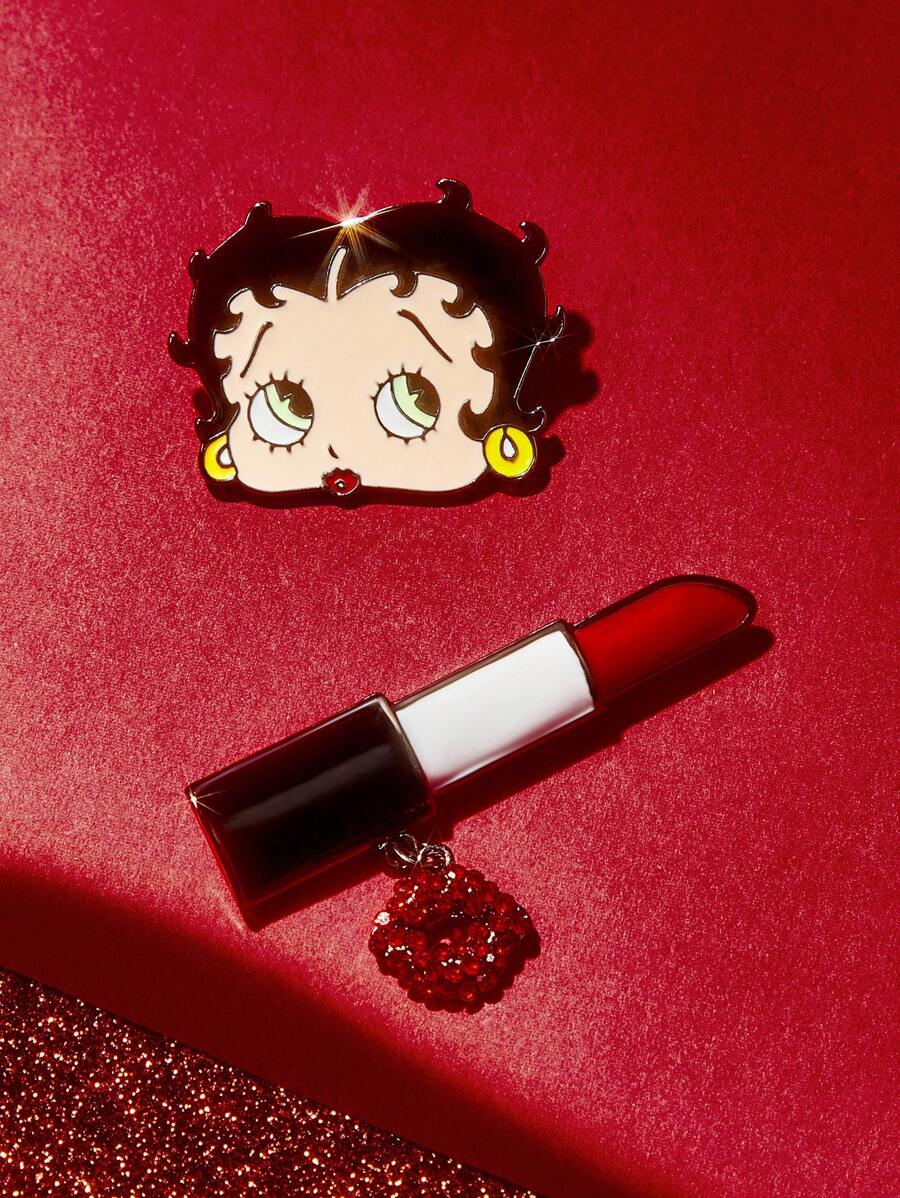 Betty Boop x SHEIN Set de 2 broches con personaje de dibujos animados y labial con cristales de strass, regalos