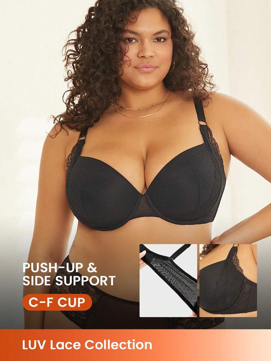 LUVLETTE Lencería negra sexy talla grande con sujetador de encaje y malla con cobertura completa y push-up