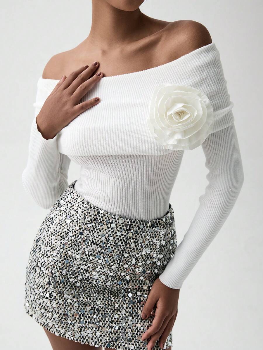 Lumivelle Women's Sexy Off-Shoulder 3D Floral Embellished Long Sleeve Knit Sweater