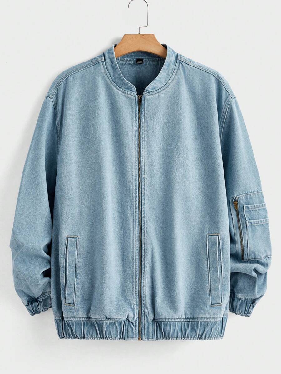 Manfinity Hypemode Plus Size Men's Light Blue Plain Washed Casual Baseball Denim Jacket, For Going Out