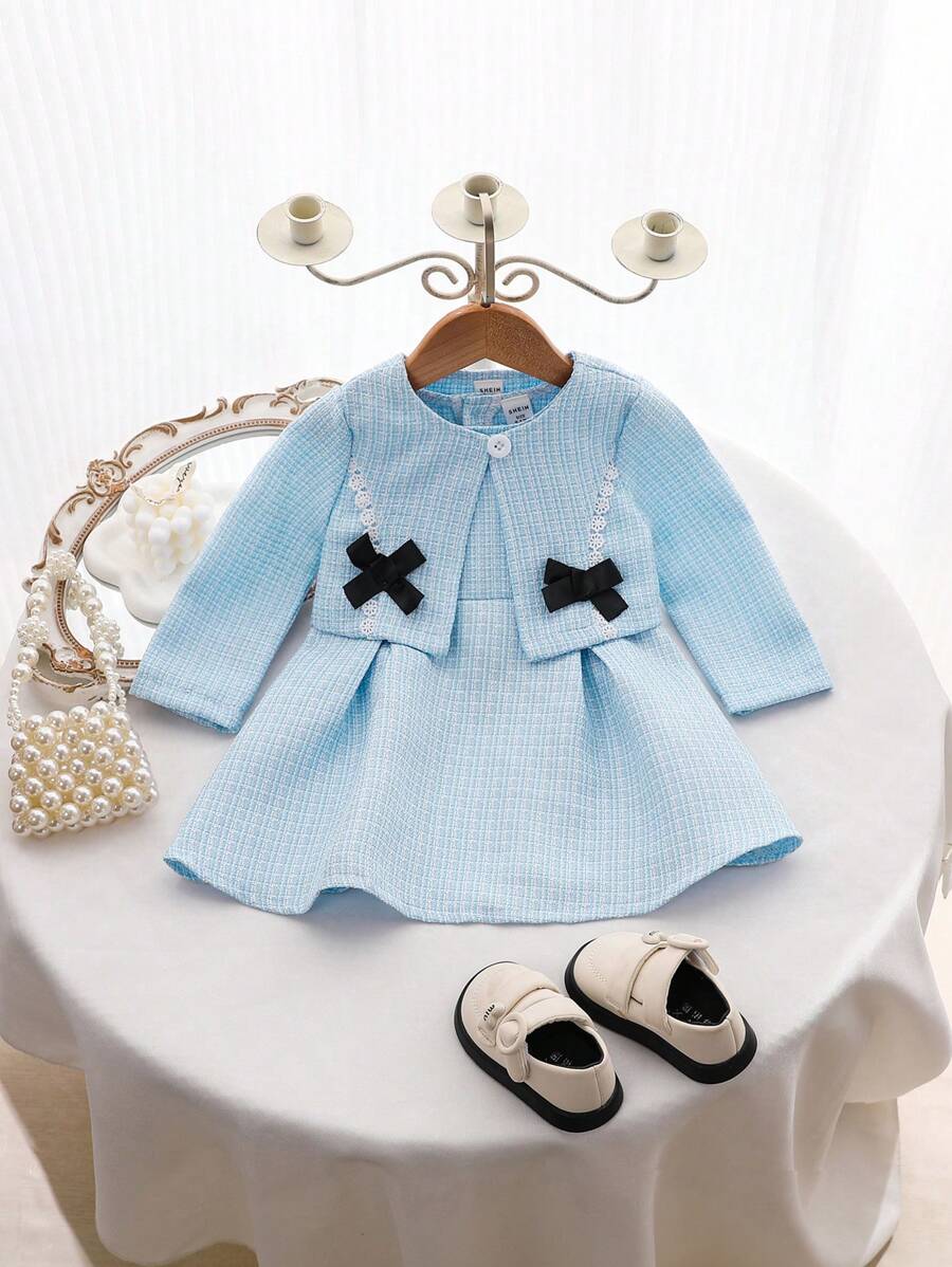 SHEIN 2 szt. Zimowe dziewczynek Elegancki styl pałacowy Tweedowy kardigan z koronkowym wykończeniem Sweter i sukienka bez rękawów, Nadaje się na Święta, Boże Narodzenie, Nowy Rok, Urodziny