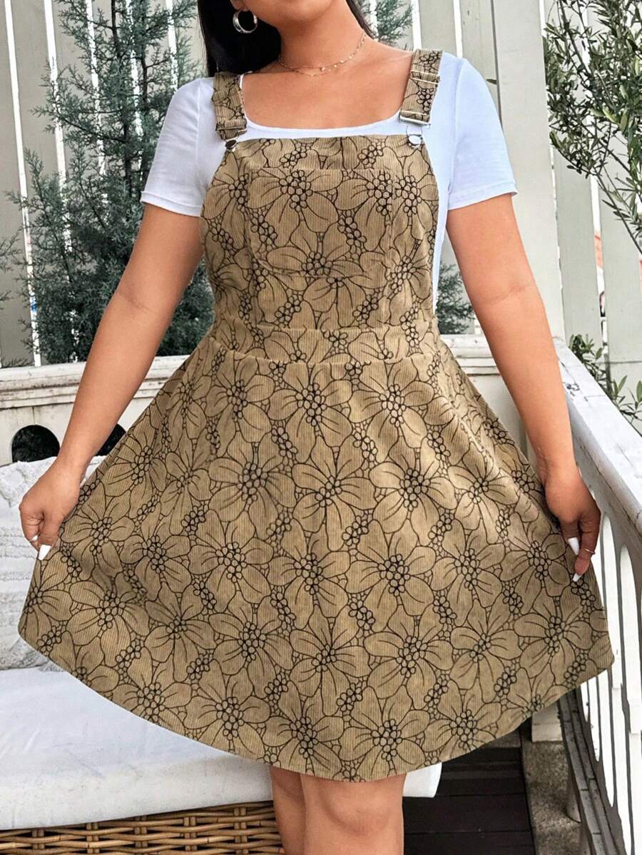 Flirla Robe salopette à imprimé floral grande taille, décontractée pour le printemps et l'été