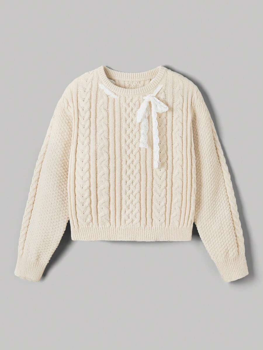 SHEIN MOD Suéter de cuello redondo retro con cordón de encaje en color albaricoque, suéter lindo, suéter de mujer de otoño, suéter en color albaricoque