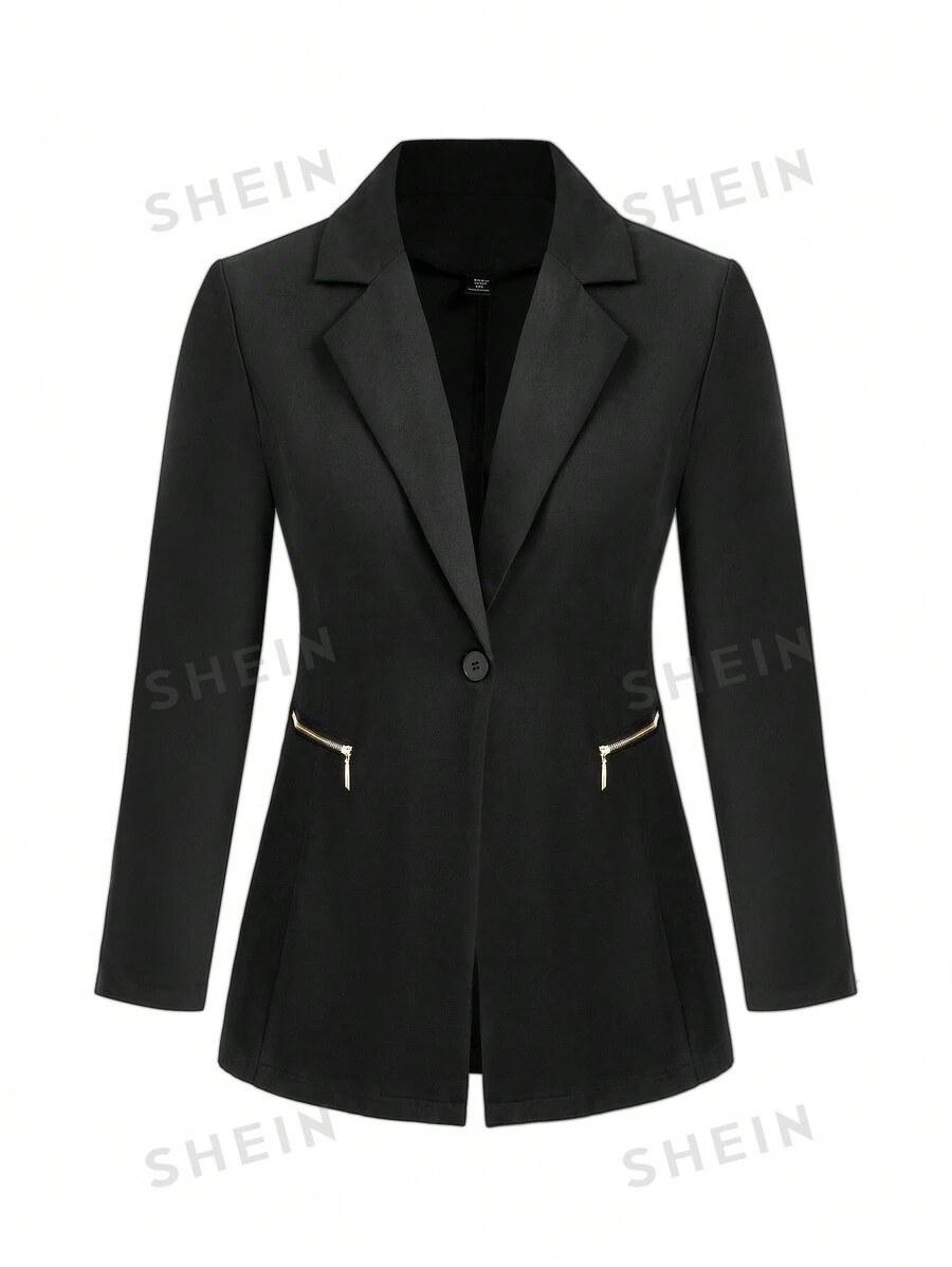 Calvaya Chaqueta elegante de oficina de un solo botón de manga larga con solapa entallada de unicolor para mujer de talla grande, primavera y otoño