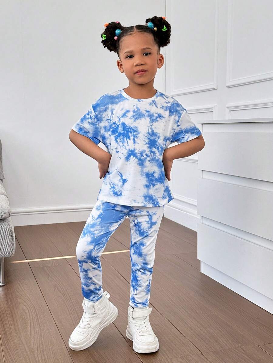 SHEIN Young Girl Tie-Dye Patterned Round Neck Short Sleeve T-Shirt And Long Pants Set
