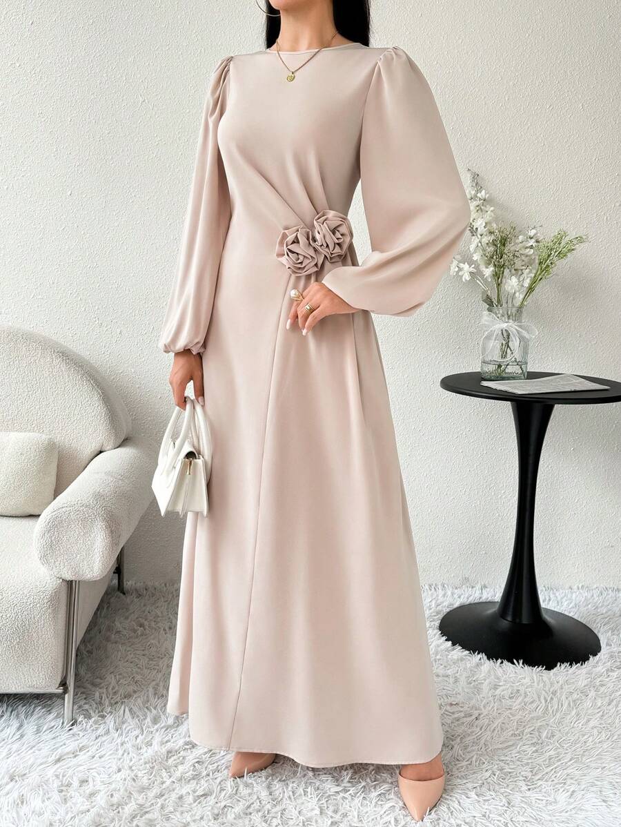Modelyn Women's Solid Color Crewneck Applique Elegant Long Sleeve Arabian Dress Long Evening Dresses