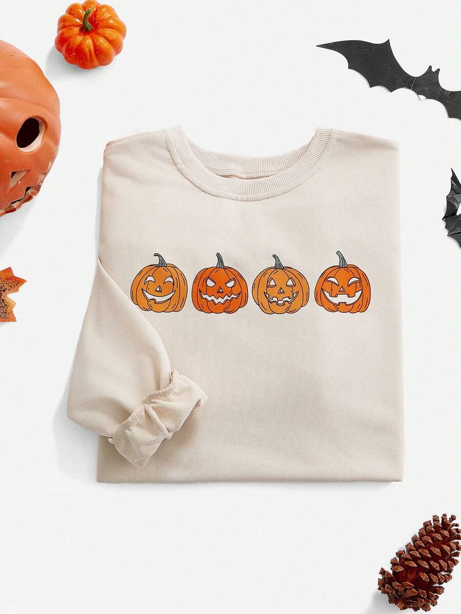 Flirla Women's Pumpkin Print Crew Neck Loose Fit Long Sleeve Casual Sweatshirt, Spring/Autumn