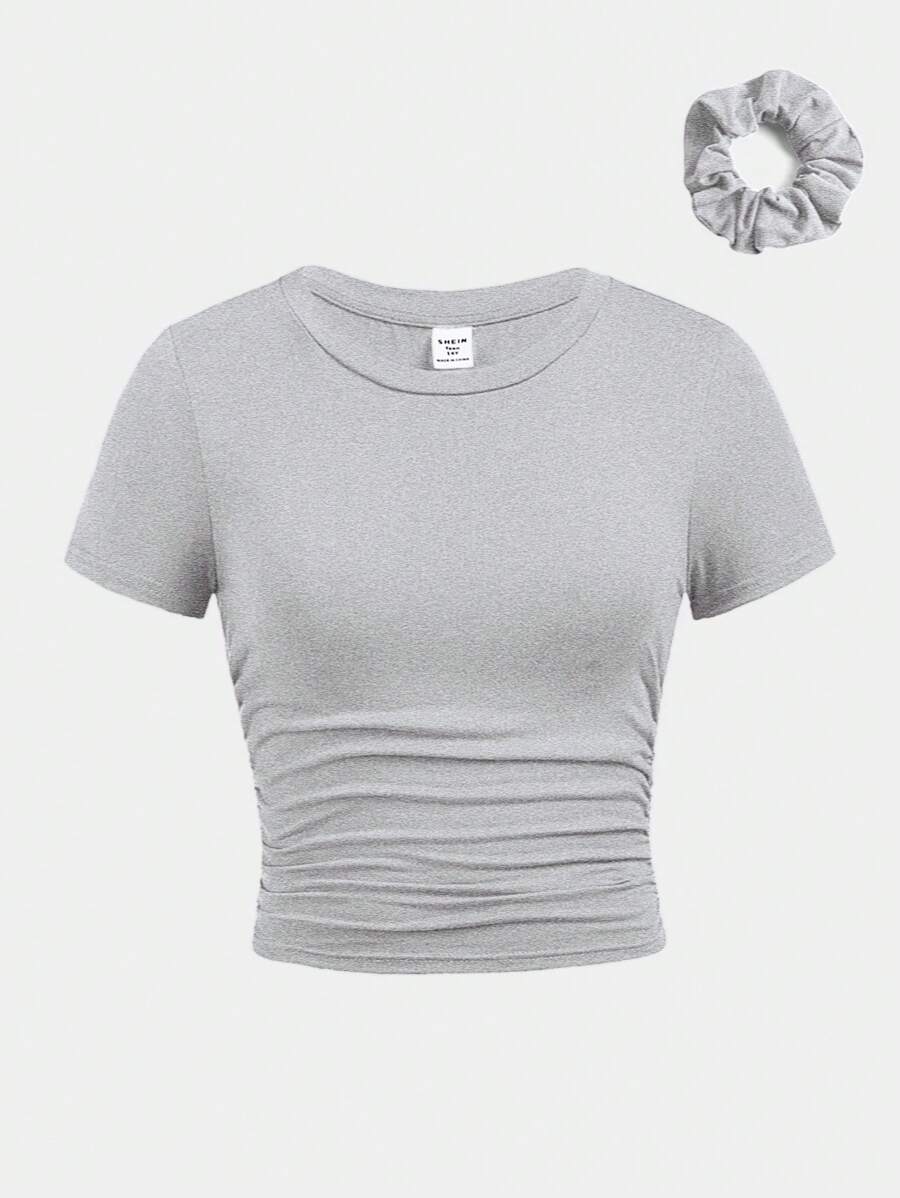 SHEIN Girlism T-shirt casual ajusté à col rond, manches courtes grises, côtés froncés, pour pré-adolescentes
