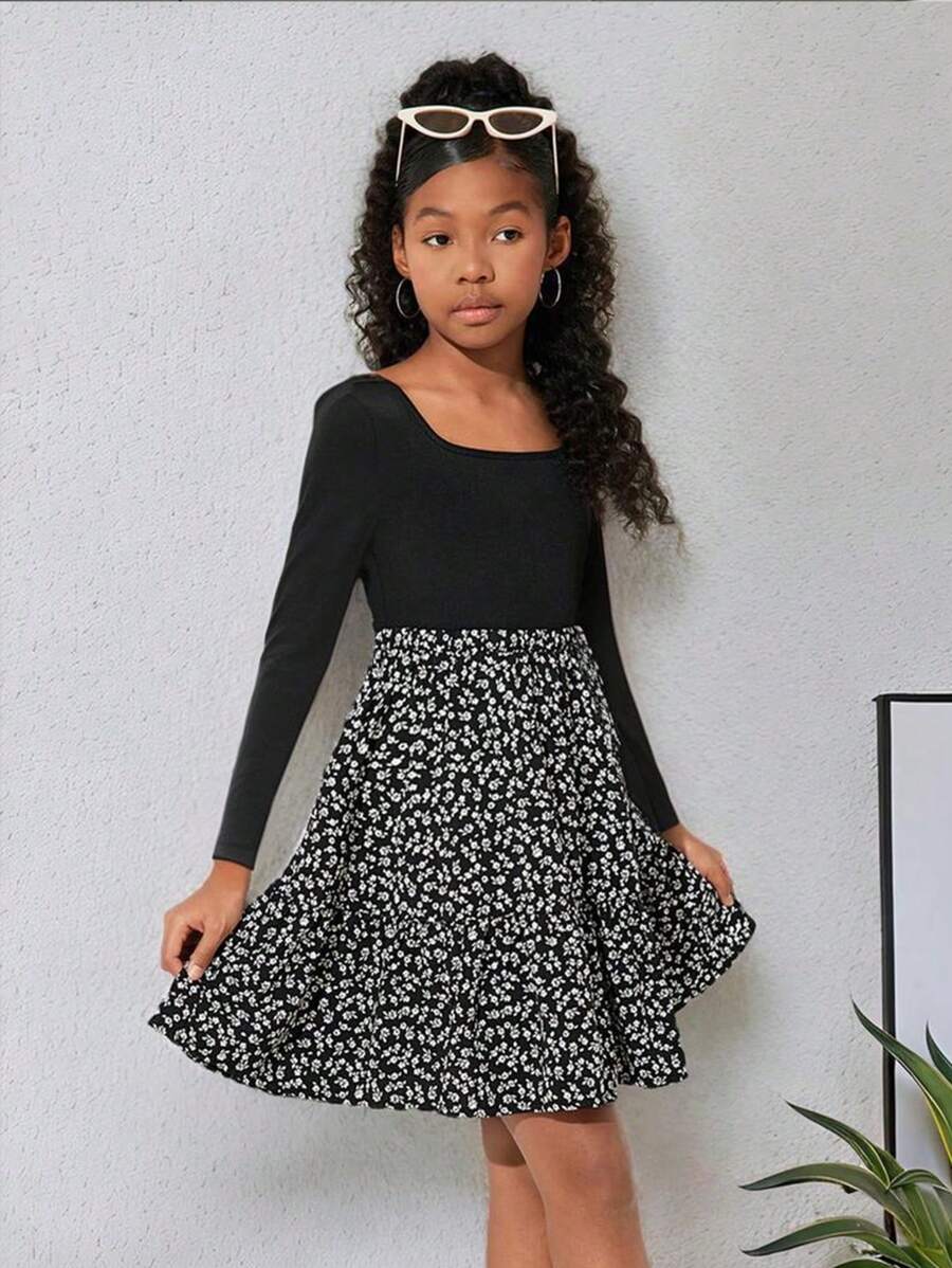 SHEIN Tween Girls' Streetwear Ditsy Floral Patchwork Knit Crew Neck Long Sleeve Dress