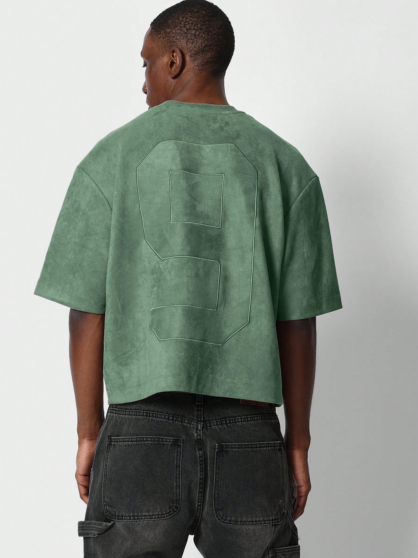 Crop Fit Suedette Short Sleeve Tee With Back Number