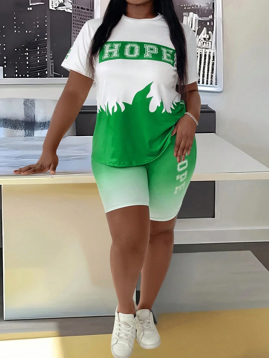 Maweii Plus Size Dames Zomer Letter Print Ronde Hals Korte Mouw T-shirt En Shorts Casual 2-delige Set