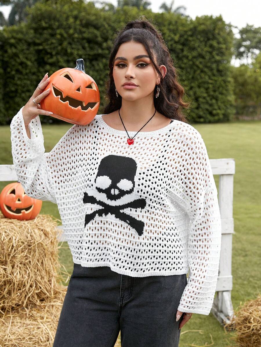 SHEIN EZwear Plus Size Women's Plus Size Drop Shoulder Long Sleeve Hollow Skull Knit Sweater, Autumn/Winter