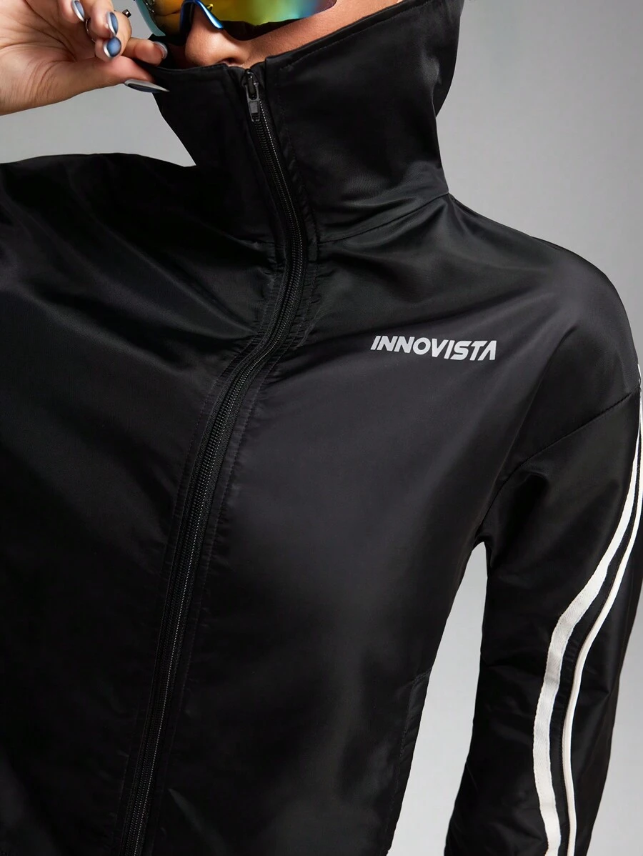Innovista Damen Kontrast-Farbung einfacher bedruckter Langarm Sport Jacke, schwarze Jacken für Damen, Trainingsanzug