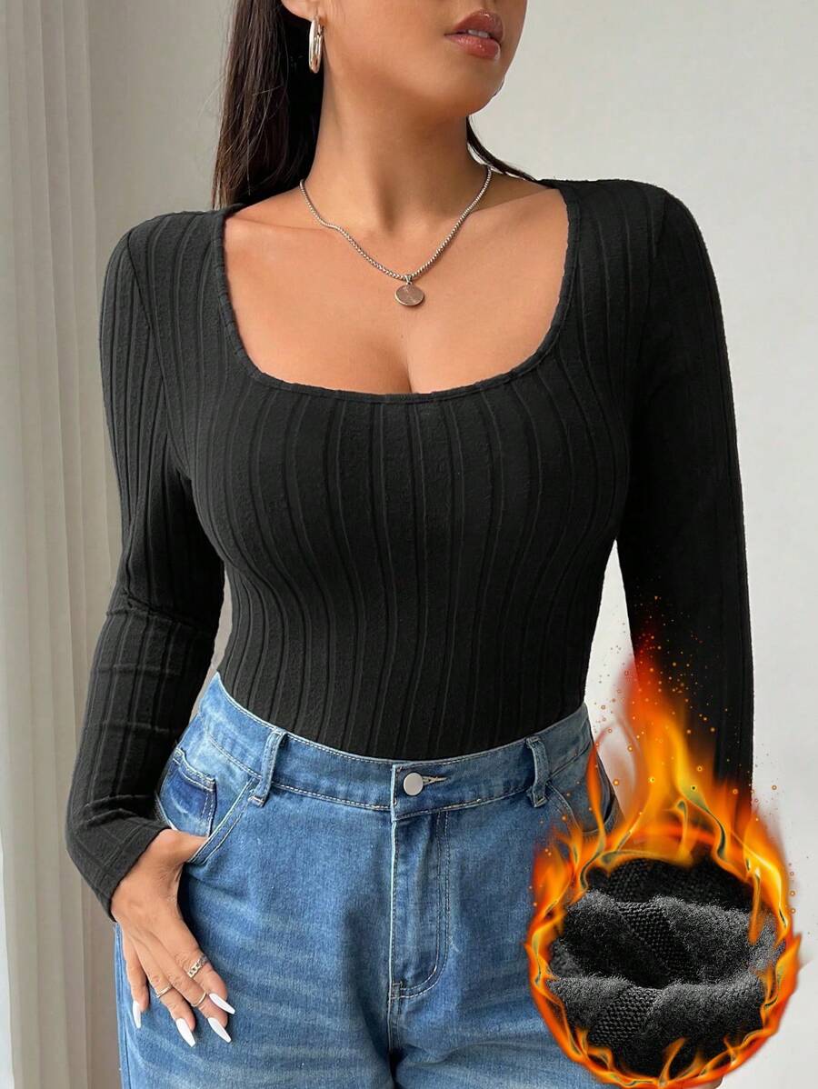 SHEIN EZwear Camiseta de punto de cuello redondo de manga larga, de tela elástica de punto negro, de uso diario y casual, cómoda para yoga, interior y exterior, para mujer de talla grande, para el invierno