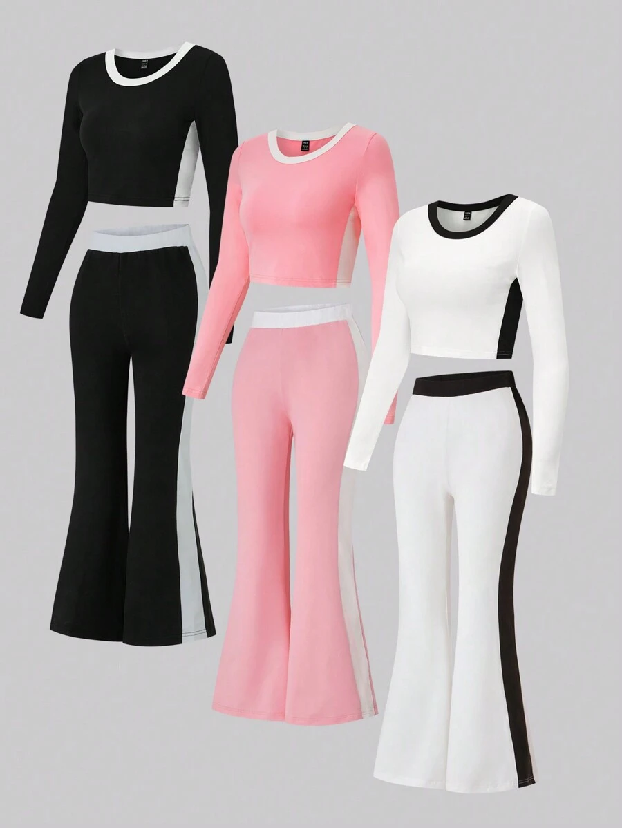 Chiquease 3pcs High-Waisted Colorblock Slimming Flare Leg Pants Set