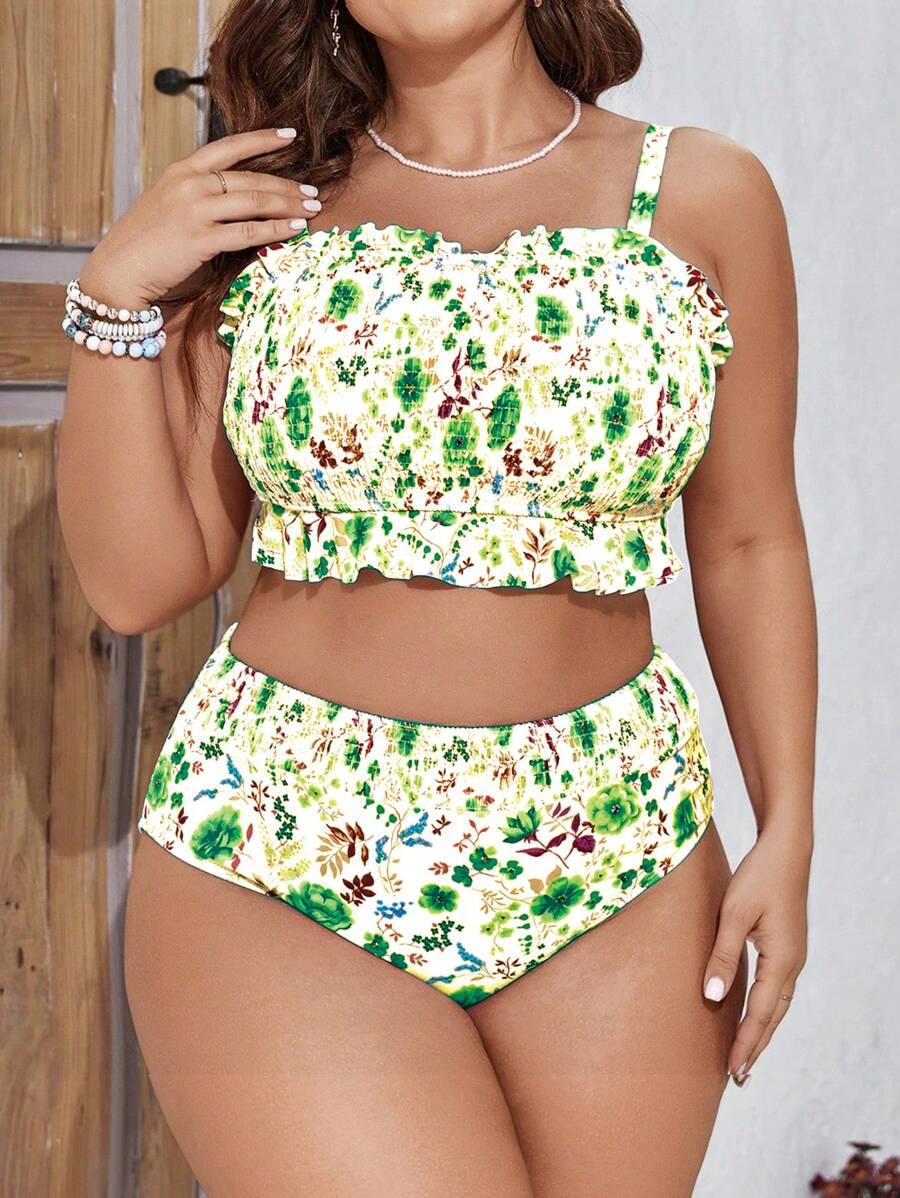 Swim Mod Plus Size Ruched Floral Print Spaghetti Strap Bikini Top And Bottoms Swimwear Summer