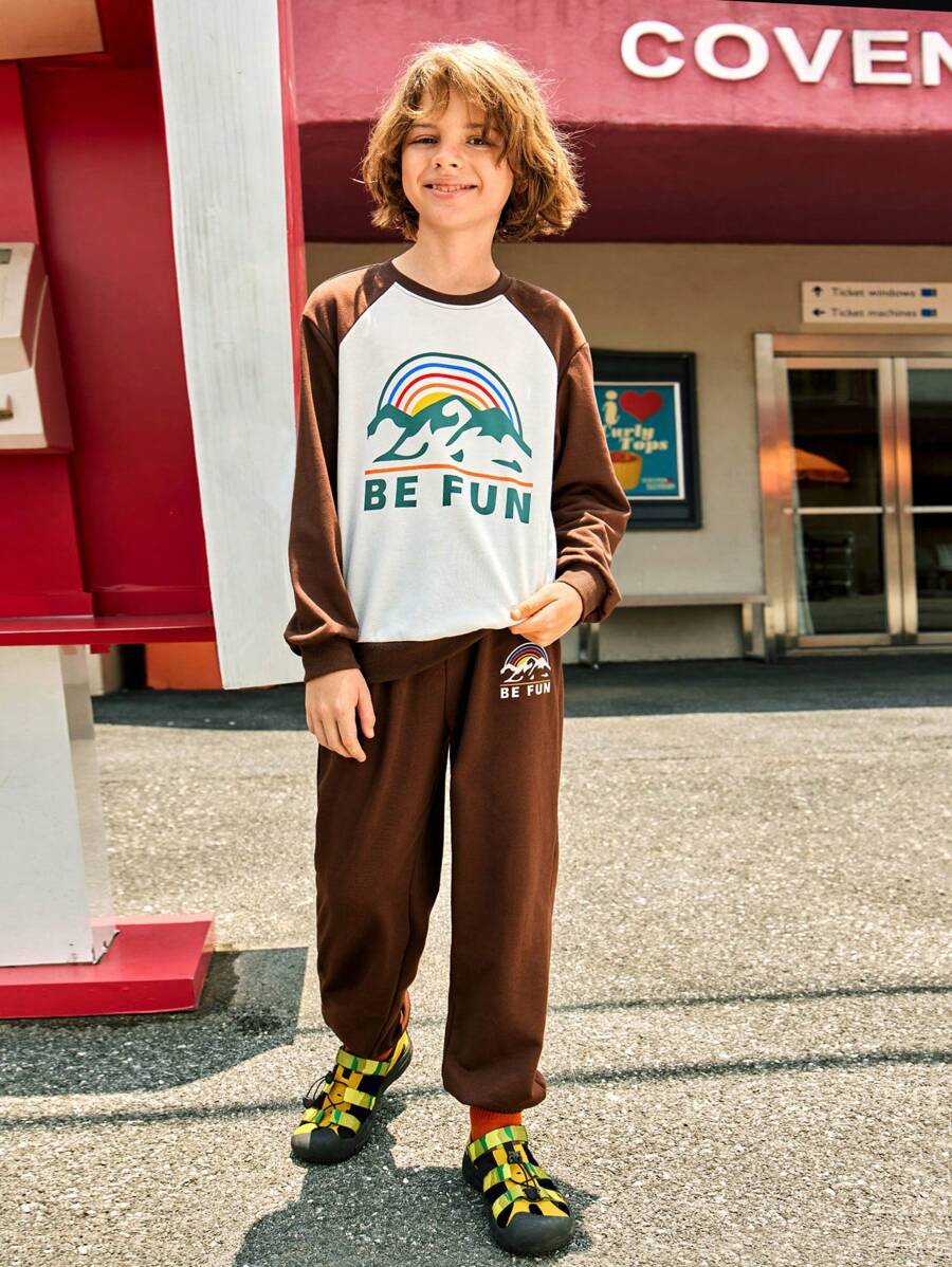 SHEIN 2pcs/Set Tween Boys Color Block Letter Print Casual Pullover And Pants Outfits, Suitable For Outdoor Daily Wear In Fall