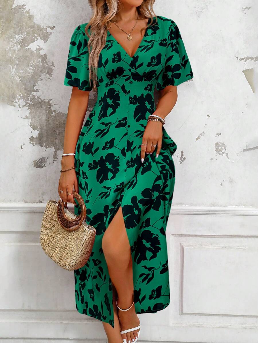 SHEIN LUNE V-Neck Short Sleeve All Over Floral Print Slit Casual Dress