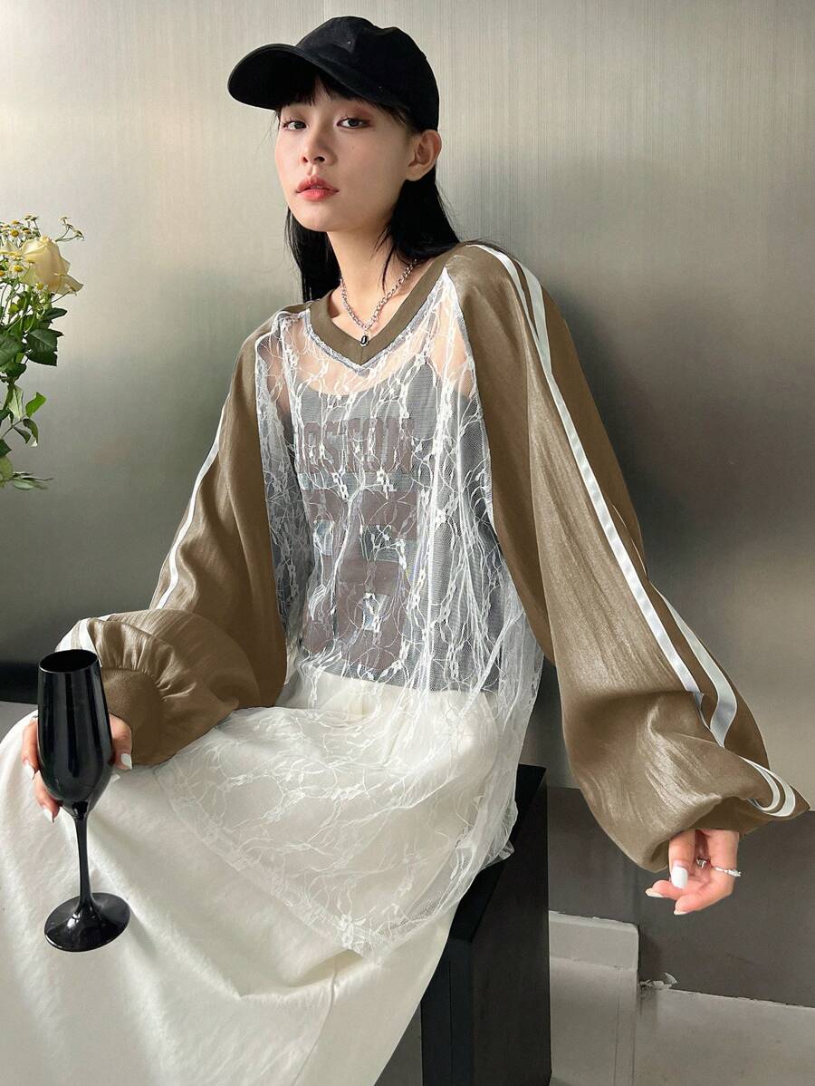 FRIFUL Women's Solid Color Patchwork Long Sleeve Striped Sheer Blouse, Casual Vacation
