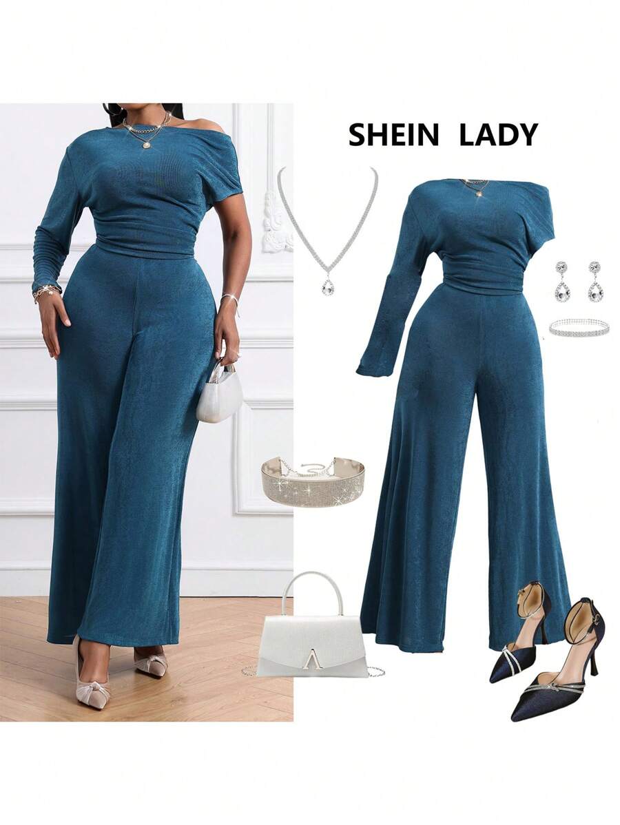 SHEIN Lady Autumn And Winter Elegant Vintage Work Casual Office Navy Blue Rib Knit Off The Shoulder New Product Plus Size Co-Ords Jumpsuit