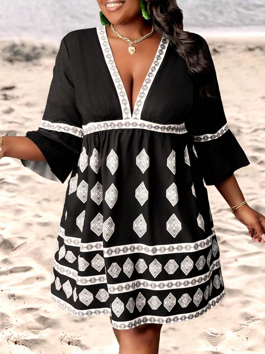 Slaydiva Robe mini grande taille pour femmes avec col en V, manches 3/4, volants à l'ourlet, coupe décontractée, imprimé géométrique, pour vacances, sexy et décontracté, printemps et été